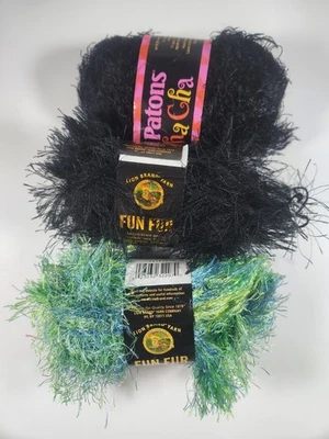 Lot Of 3 New Eyelash Yarn Patons Cha Cha Lion Brand Fun Fur Black Citrus - Image 1 of 2