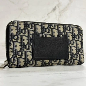 Christian Dior Wallet Oblique Round Zip Long Purse Leather Canvas Beige Black - Picture 1 of 24
