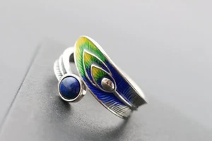 Anello D10 Piuma Di Pavone Lapislazzuli Blu 925 Argento Sterling - Foto 1 di 8
