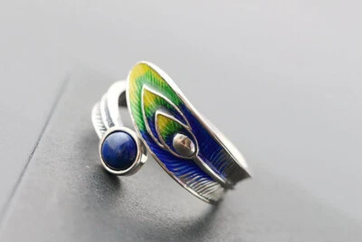 Anello D10 Piuma Di Pavone Lapislazzuli Blu 925 Argento Sterling - Immagine 1 di 4