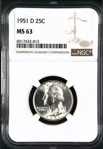 :1951-D S25C WASHINGTON QUARTER CHOICE BU NGC MS 63 BLAST WHITE R2 HIGH GRADES - Picture 1 of 2
