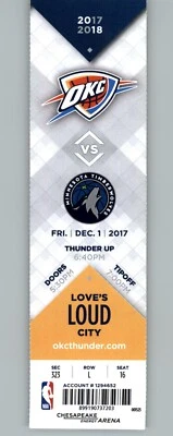 Minnesota Timberwolves vs Oklahoma City Thunder 12/1/2017 Full Ticket  - Image 1 of 2