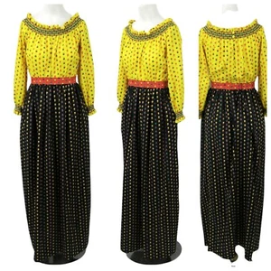 Vintage Youth Guild 70s Floral Dress Size XS? Maxi Boho Bohemian Yellow Elastic - Picture 1 of 12