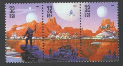 Unused US Postage STRIP of 32 Cent Stamps 1998 SPACE DISCOVERY  - Image 1 of 2