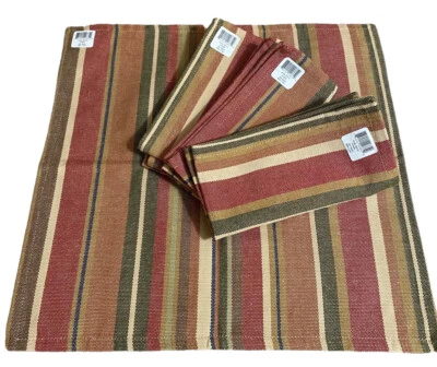 New Park Designs CORIANDER 18” Cotton Napkins Barn Red Muted Tan Green Stripes - Image 1 of 4