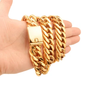 19mm Heavy Mens Necklace Gold Plated Stainless Steel Big Cuban Miami Link Chain - Picture 1 of 10