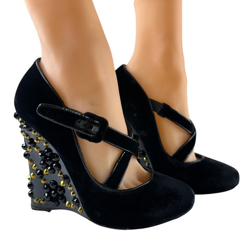 LOUIS VUITTON（LV） LOUIS VUITTON decolte zeppa tacco perline velluto nero taglia EU 36 US 5 5 cinturino incrociato