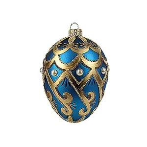 Faberge Inspired Blue Pearl Egg Polish Blown Glass Christmas or Easter Ornament - Picture 1 of 3