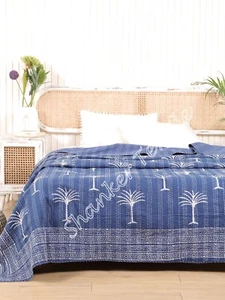 Indigo Pure Cotton Handmade Kantha Quilt Vintage Queen Size Bedspread Blanket - Picture 1 of 16