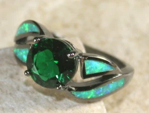 Black SILVER Elegant Green Fire Opal & Green Peridot Ring Size 5, WR40104 - Picture 1 of 3