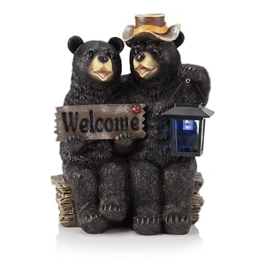 Alpine Corporation 15" Tall Outdoor Bear Couple with Lantern and Welcome Sign... - Picture 1 of 9