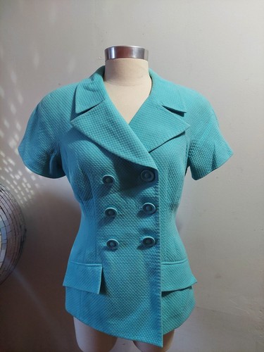 Giacca Blazer Vintage Christian Dior Teal Doppio Petto Manica Corta Donna 8