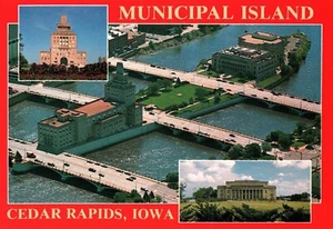 Postkarte Städtische Insel Zeder Stromschnellen Iowa Fluss Rathaus Gebäude  - Bild 1 von 3