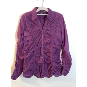 Top acanalado Zashi - Talla M - Detalle fruncido, mangas enrollables, púrpura vibrante, algodón - Imagen 1 de 8