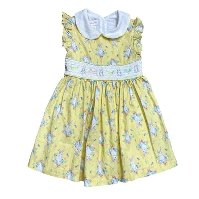 4T Easter Embroidered Smocked Bunny Dress Yellow Toddler Girl Peter Pan Collar - Image 1 of 4