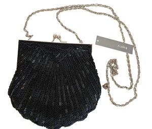 Apt 9 Black Beaded Shell Shaped Evening Bag Purse Silver Chain Strap 5"x6" - Picture 1 of 3