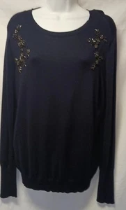 Ivanka Trump Women's Large Embellished Crew Neck Sweater Long Sleeve Navy Blue - Picture 1 of 8