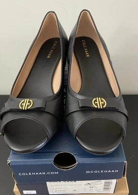 Zapatos de salón de cuña Cole Haan W31648 talla 9,5 para mujer Malta Peep Toe, cuero negro Foto 1 de 4