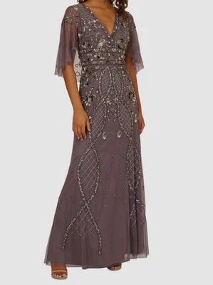 Adrianna Papell Womens' Purple Sequin Beaded Sheer Cape Sleeves Dress Size 10 - Image 1 of 3