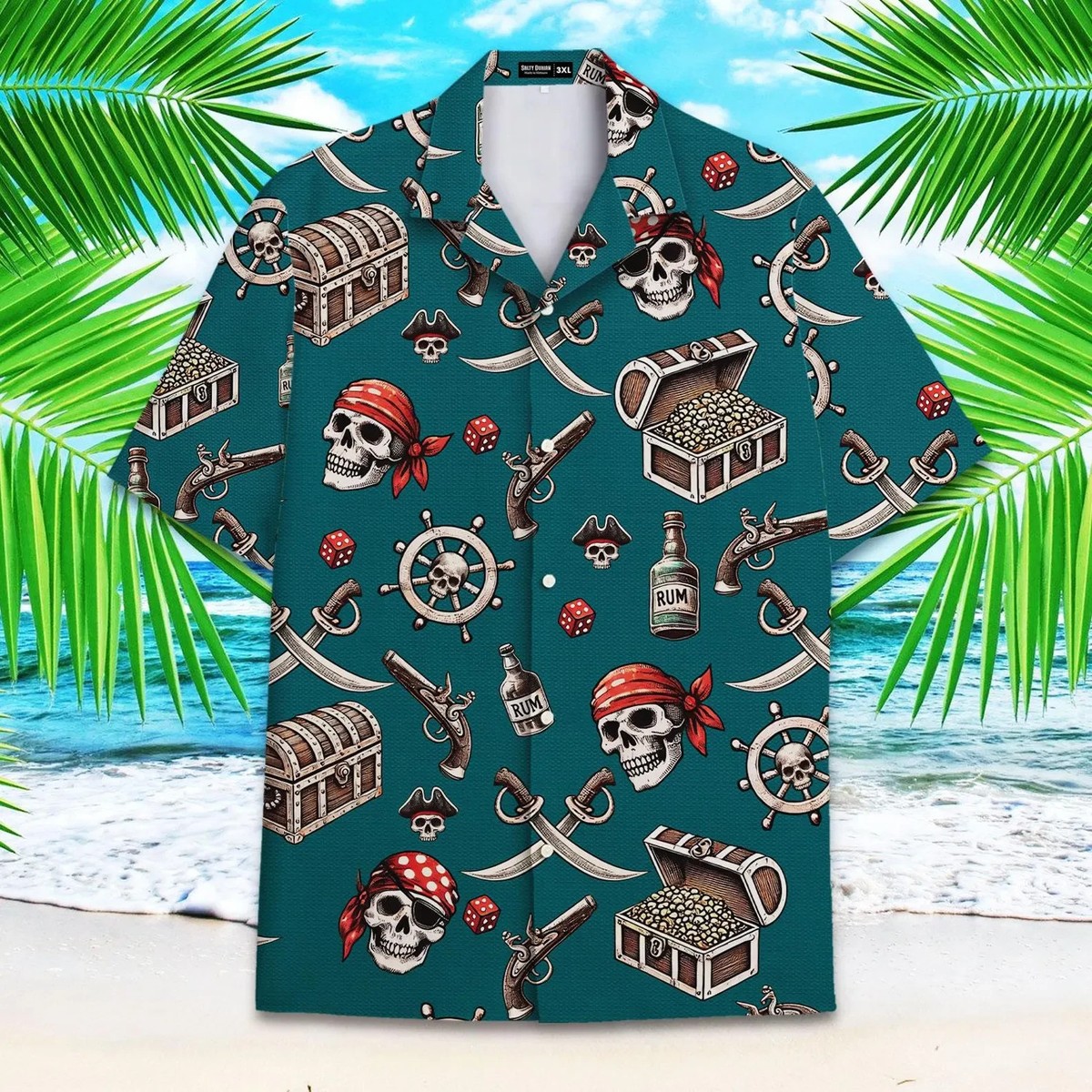 VISESUNNY Men's Hawaiian Shirt - Skull & Flower Cherry Print Short Sleeve Aloha Shirt - View #12