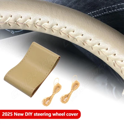  Fit Chevrolet Car Steering Wheel Cover Genuine Leather DIY With Needles Beige - Image 1 of 4