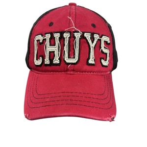 Chuys Hat Cap Snap Back Red Black Trucker Mesh Embroidered Patch Distressed Mens - Picture 1 of 7