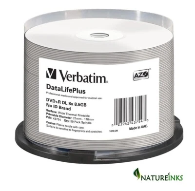 50 Verbatim DataLife Plus Thermal Printable DVD+R 8x DL Blank Discs 8.5GB 43754 - Image 1 of 2