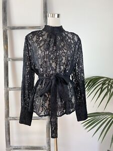 Decjuba Black Lace Long-Sleeve Blouse with Optional Waist Tie - Size 14