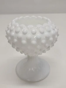 Vintage FENTON Crimped Candy Compote Milk Glass HOBNAIL Pedestal Bowl 5" Tall - Picture 1 of 13