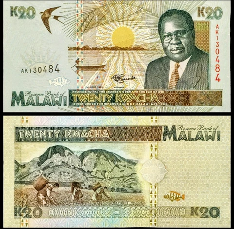1995 Malawi 20 Kwacha Banknote, President Muluzi, Tea Harvesting Scene, UNC Cover