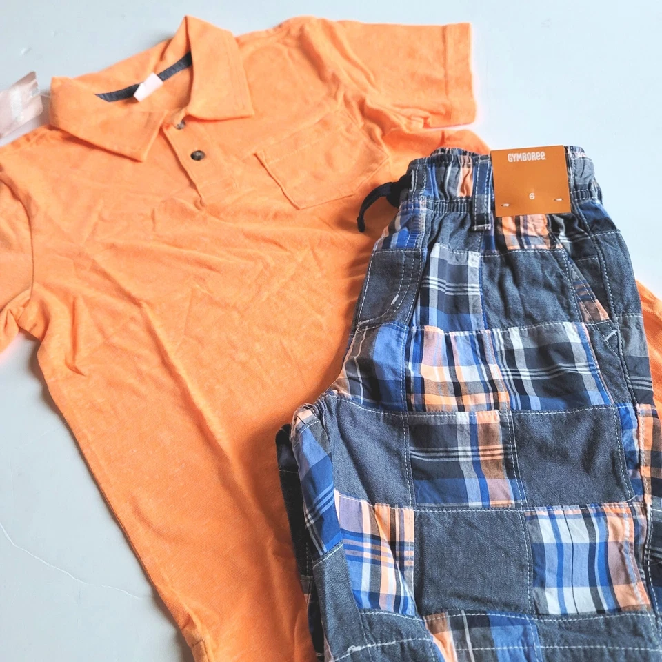 Gymboree Boy 6 "Cape Cool" Naranja Polo Camisa Retazos Cuadros Conjunto Pantalones Cortos Nuevo con Etiquetas  Foto 1 de 2