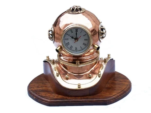 Solid Brass/Copper Antique Style Diving Diver's Helmet Clock Hardwood Base Cover
