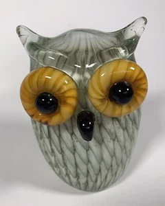 Art Glass Owl Paperweight Green Yellow Eyes - Picture 1 of 3