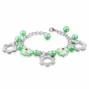 Alianza De Modo Verde Perla Cristal Flor Amor Corazón Charm Enlace Cadena - Imagen 1 de 1