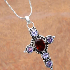 Amethyst Cut & Garnet Cut Gemstone 925 Sterling Silver Cross Her Birthday Gift - Picture 1 of 9