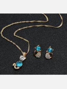 Set Schmuck Betsey Johnson Emaille Mode niedliche Katze Strass Halskette Ohrringe - Bild 1 von 4