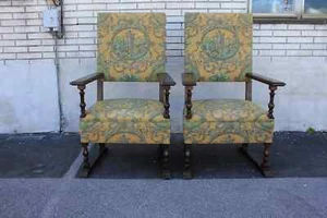 Charming Large & Comfortable Pair of Oak Spanish Revival Side, Accent Armchairs - Picture 1 of 12