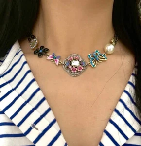 ANNA SUI Multi Color Enamel Crystal & Pearl FLOWER Butterfly Choker Necklace - Picture 1 of 5