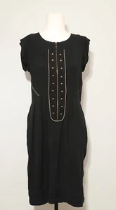 Cue Size 8 Black Sleeveless Shift Dress Brass Buttons & Trim Front Zip - Picture 1 of 9