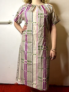 Vintage 1970s Smock Dress Gathered Neckline Short Sleeve Geometric Print AU 14 - Picture 1 of 8