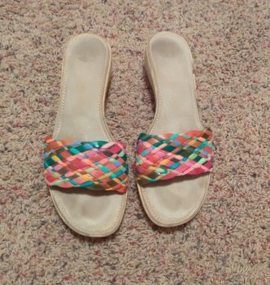 Zapatero Italiano Vintage Multicolor Cuero Trenzado Cuña Slides Talla 9 Foto 1 de 4
