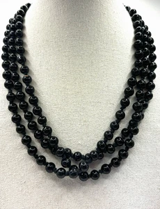 Drei Strang Runde Schwarz Onyx Stein Perlen Handgeknüpft Silberfarben Halskette - Bild 1 von 21