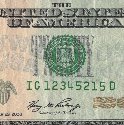 Assending Paritial Ladder 1-5 Twenty Dollar Bill 2006 IG12345215D 51M Chicago D - Image 1 of 4