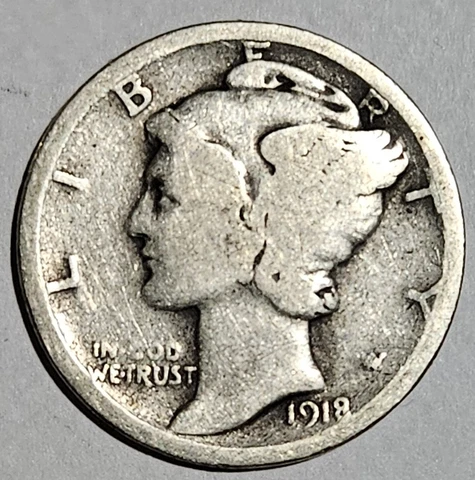 U.S.A. 1918 Mercury Silver Dime, 90% Silver, Avg Cond, 105 Years Old, FAST SHIP Cover