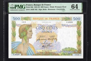 France 500 Francs P95b 1941-43 PMG64 Choice UNC Banknote French WORLD WAR ISSUE - Picture 1 of 2
