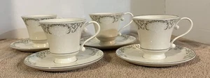 (4) Vintage Cameo by Pickard Footed Cup & Saucer Sets White Roses Platinum Trim - Picture 1 of 7