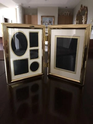 Vintage Solid Brass Double Folding Photo Frame 5 X 7" Collage Matted Hinged - Image 1 of 4
