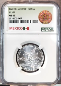 2001 MEXICO SILVER 1/4 ONZA LIBERTAD NGC MS 69 RARE STELLAR GEM COIN - Picture 1 of 3