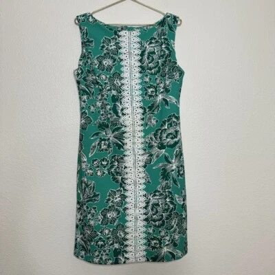 Pappagallo Dress Size 12 Knee Length Green Floral Embroidered Lace Sheath Resort - Image 1 of 4