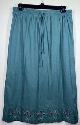 Alfred Dunner Womens Size 14 Green Embroidered Flower Maxi Skirt Linen Stretch - Image 1 of 4